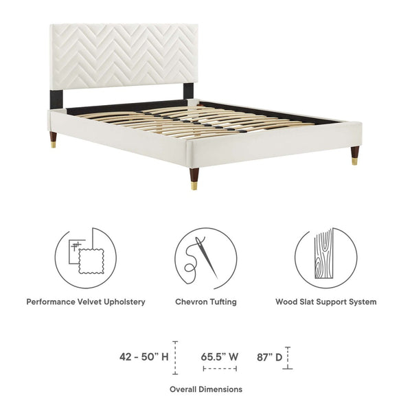 Modway Furniture Leah Chevron Tufted Performance Velvet Queen Bed - Stylish Glamour, Durable Support & Easy Care MOD-6969-WHI