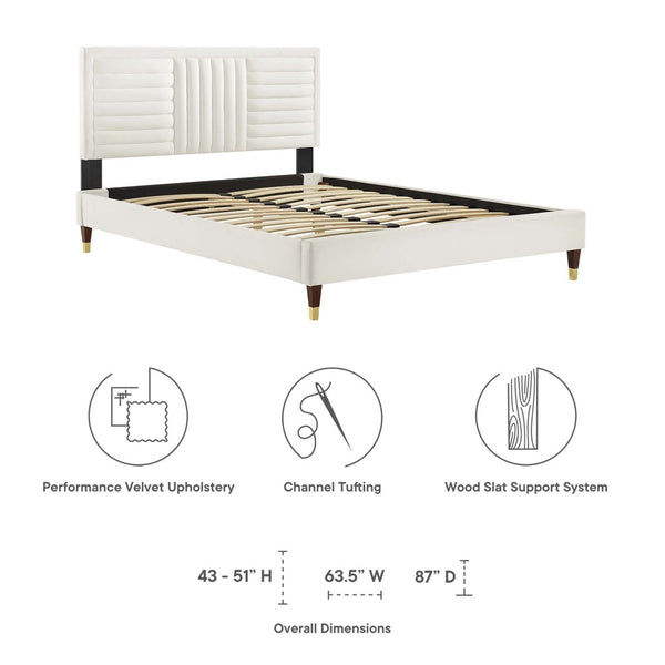 Modway Furniture Sofia Channel Tufted Velvet Queen Platform Bed – Glamorous, Durable, No Box Spring Needed, Easy Care MOD-6971-WHI