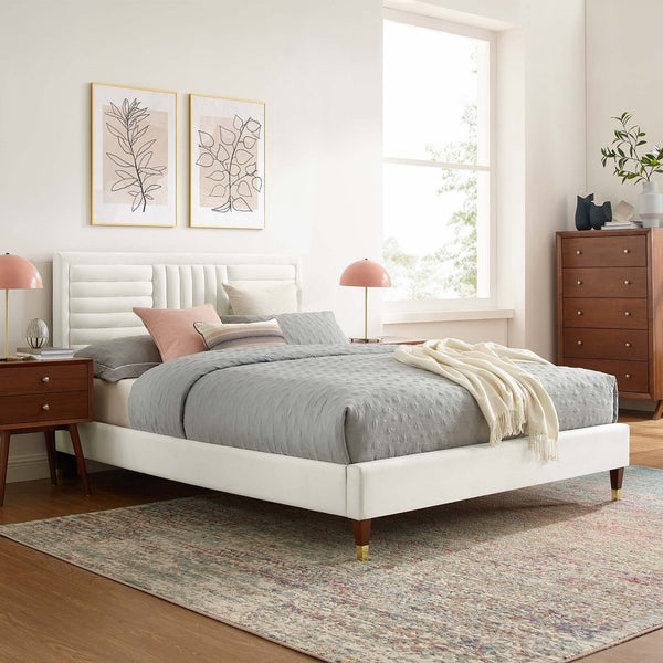 Modway Furniture Sofia Channel Tufted Velvet Queen Platform Bed – Glamorous, Durable, No Box Spring Needed, Easy Care MOD-6971-WHI