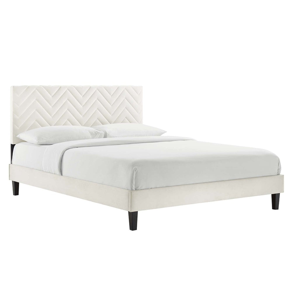 Modway Furniture Leah Chevron Tufted Performance Velvet Queen Platform Bed – Glam Design with Sturdy Support! MOD-6973-WHI