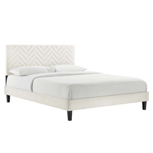 Modway Furniture Leah Chevron Tufted Performance Velvet Queen Platform Bed – Glam Design with Sturdy Support! MOD-6973-WHI