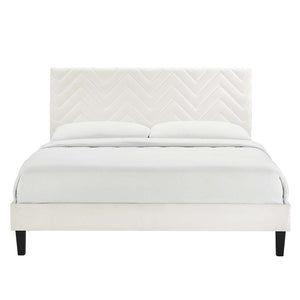Modway Furniture Leah Chevron Tufted Performance Velvet Queen Platform Bed – Glam Design with Sturdy Support! MOD-6973-WHI