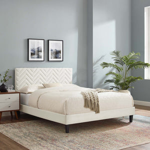 Modway Furniture Leah Chevron Tufted Performance Velvet Queen Platform Bed – Glam Design with Sturdy Support! MOD-6973-WHI
