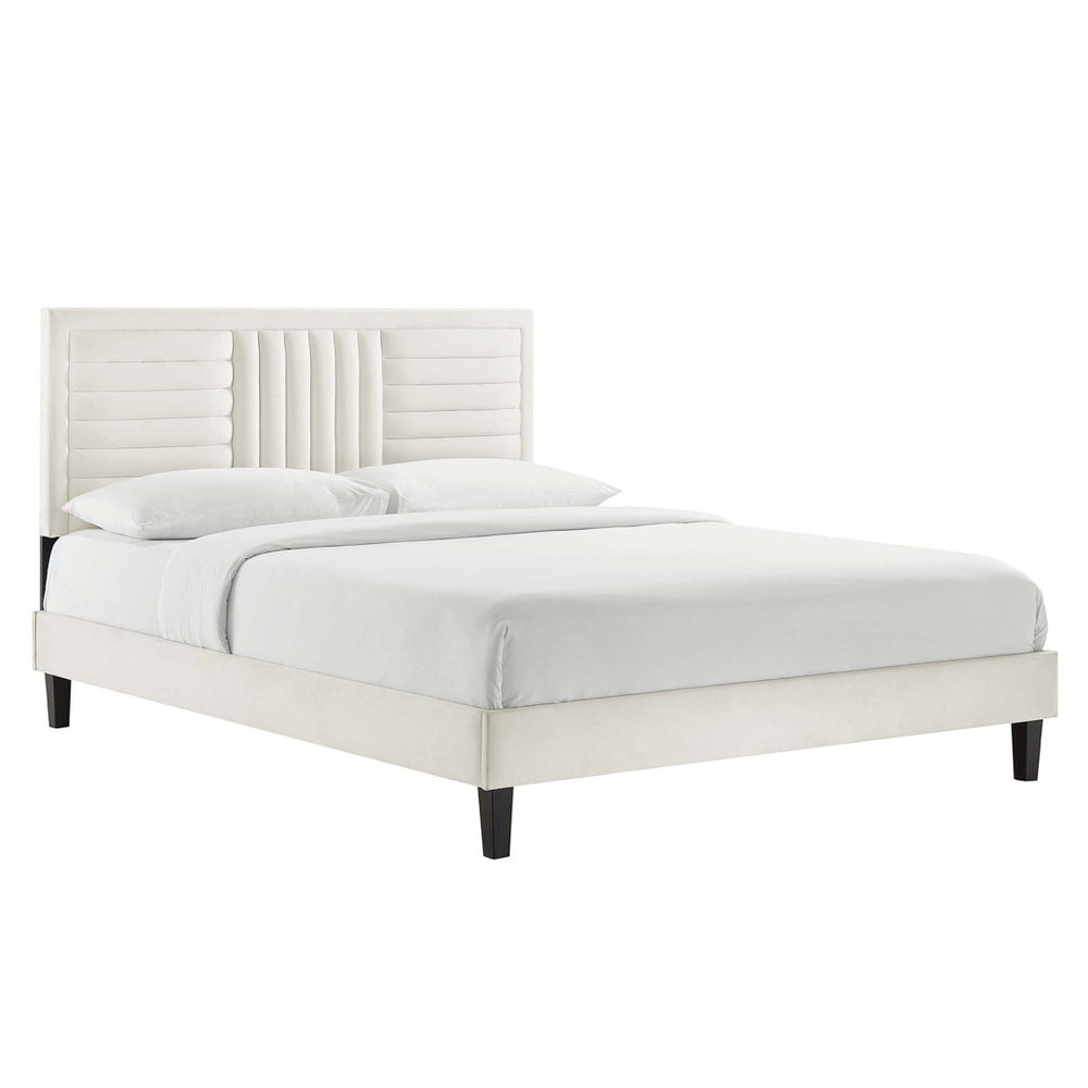 Modway Furniture Sofia Channel Tufted Velvet Queen Platform Bed - Glam Deco Design, Stain-Resistant & Sturdy Support MOD-6975-WHI