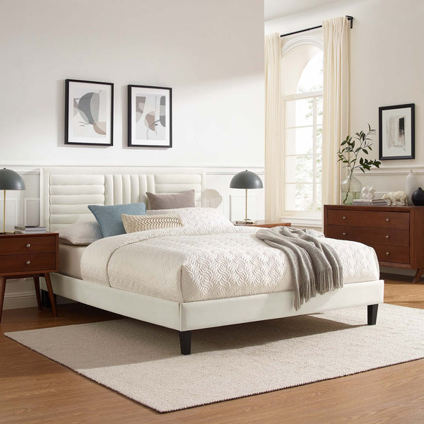 Modway Furniture Sofia Channel Tufted Velvet Queen Platform Bed - Glam Deco Design, Stain-Resistant & Sturdy Support MOD-6975-WHI