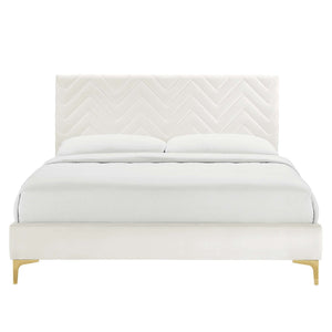 Modway Furniture Leah Chevron Tufted Performance Velvet Queen Platform Bed - Luxe Design with Gold Legs & Support MOD-6977-WHI