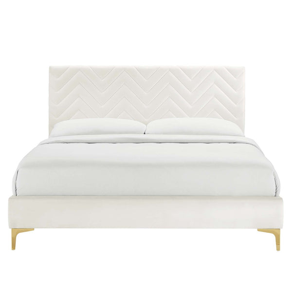 Modway Furniture Leah Chevron Tufted Performance Velvet Queen Platform Bed - Luxe Design with Gold Legs & Support MOD-6977-WHI
