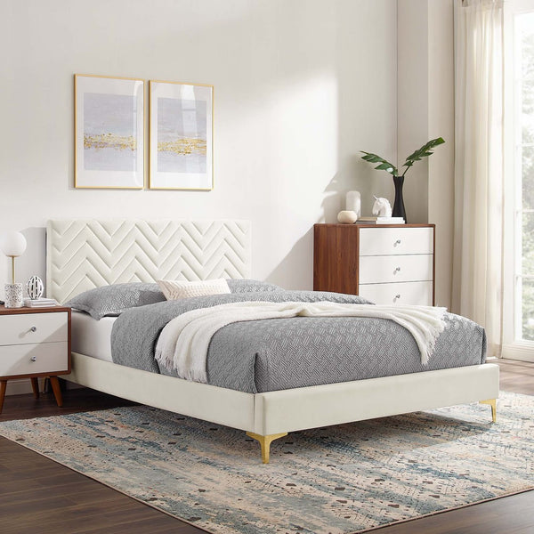 Modway Furniture Leah Chevron Tufted Performance Velvet Queen Platform Bed - Luxe Design with Gold Legs & Support MOD-6977-WHI