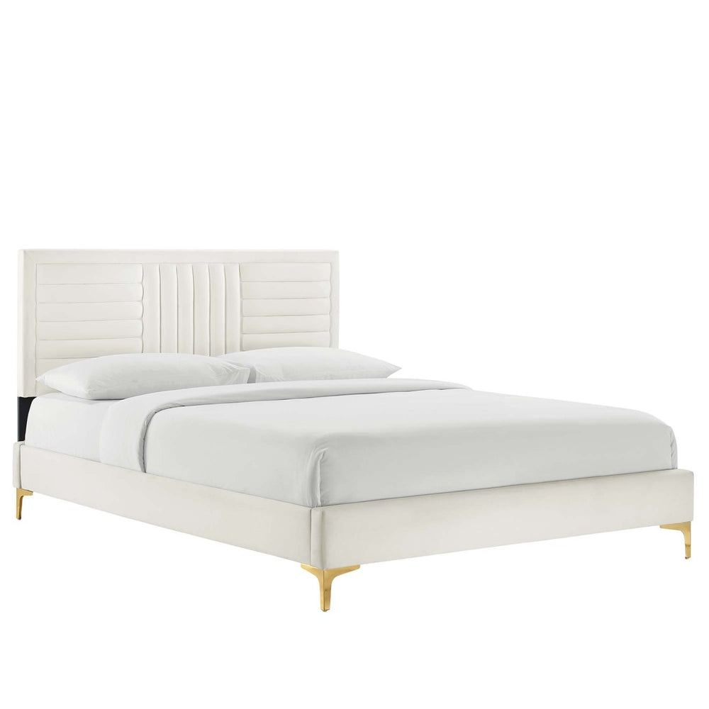 Modway Furniture Sofia Channel-Tufted Velvet Queen Platform Bed with Gold Legs - Elegant, Stain-Resistant Design MOD-6979-WHI