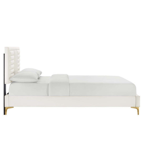 Modway Furniture Sofia Channel-Tufted Velvet Queen Platform Bed with Gold Legs - Elegant, Stain-Resistant Design MOD-6979-WHI