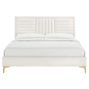 Modway Furniture Sofia Channel-Tufted Velvet Queen Platform Bed with Gold Legs - Elegant, Stain-Resistant Design MOD-6979-WHI