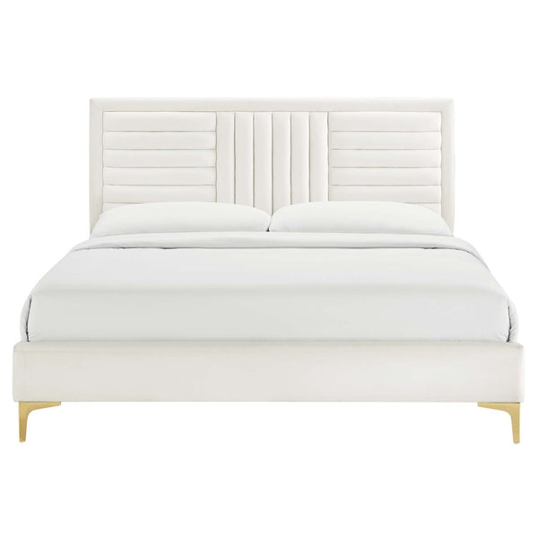 Modway Furniture Sofia Channel-Tufted Velvet Queen Platform Bed with Gold Legs - Elegant, Stain-Resistant Design MOD-6979-WHI