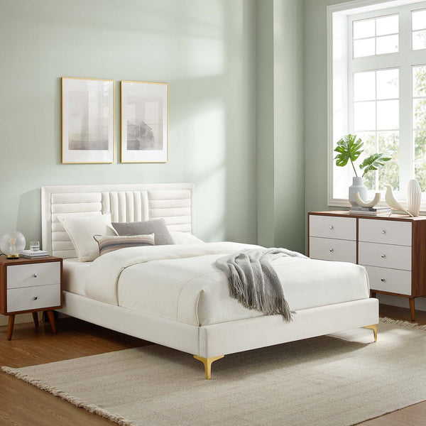 Modway Furniture Sofia Channel-Tufted Velvet Queen Platform Bed with Gold Legs - Elegant, Stain-Resistant Design MOD-6979-WHI