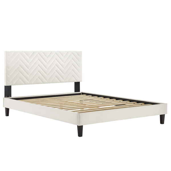 Modway Furniture Leah Chevron Tufted Velvet Twin Platform Bed – Stylish, Stain-Resistant, No Box Spring Needed! MOD-6989-WHI