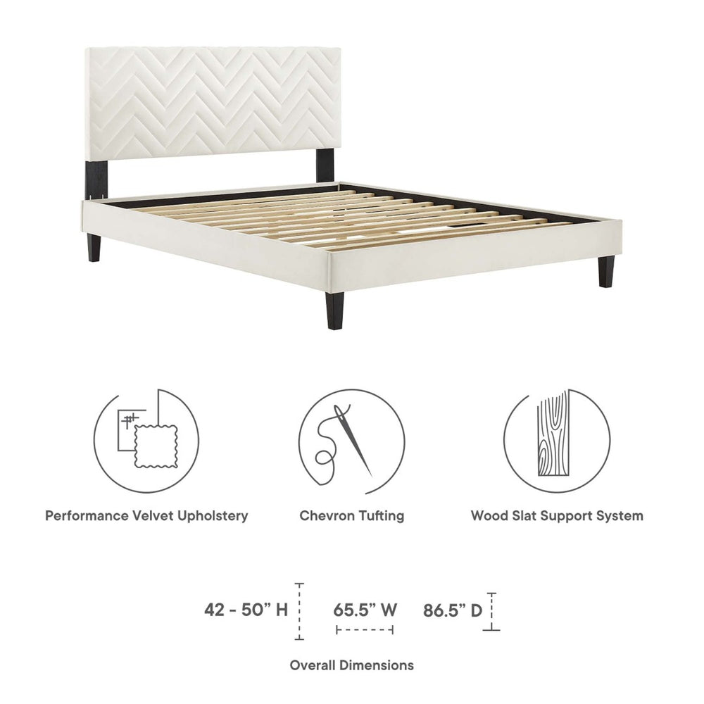 Modway Furniture Leah Chevron Tufted Velvet Twin Platform Bed – Stylish, Stain-Resistant, No Box Spring Needed! MOD-6989-WHI