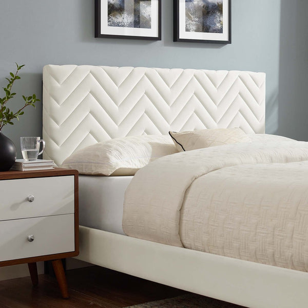 Modway Furniture Leah Chevron Tufted Velvet Twin Platform Bed – Stylish, Stain-Resistant, No Box Spring Needed! MOD-6989-WHI