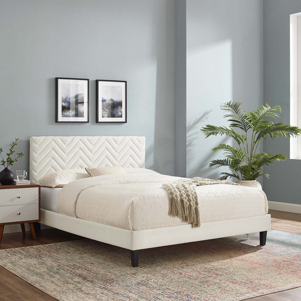 Modway Furniture Leah Chevron Tufted Velvet Twin Platform Bed – Stylish, Stain-Resistant, No Box Spring Needed! MOD-6989-WHI