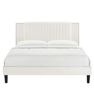 Modway Furniture Zahra Channel Tufted Twin Platform Bed - Glamorous Velvet with Nailhead Trim for Cozy Comfort MOD-6990-WHI