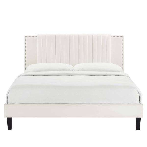 Modway Furniture Zahra Channel Tufted Twin Platform Bed - Glamorous Velvet with Nailhead Trim for Cozy Comfort MOD-6990-WHI