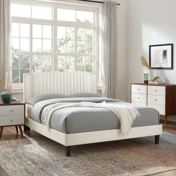 Modway Furniture Zahra Channel Tufted Twin Platform Bed - Glamorous Velvet with Nailhead Trim for Cozy Comfort MOD-6990-WHI