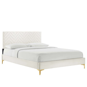 Modway Furniture Leah Chevron Tufted Performance Velvet Full Platform Bed - Modern Glam with Sturdy Support & Style MOD-6993-WHI