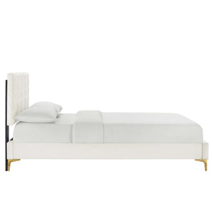 Modway Furniture Leah Chevron Tufted Performance Velvet Full Platform Bed - Modern Glam with Sturdy Support & Style MOD-6993-WHI