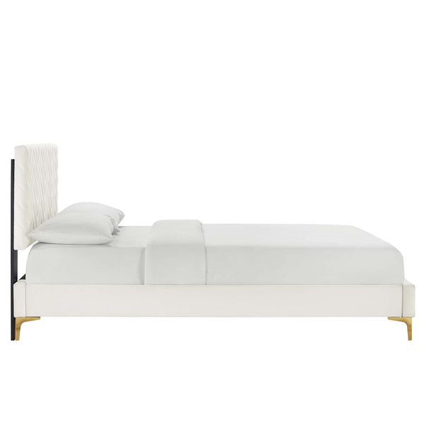 Modway Furniture Leah Chevron Tufted Performance Velvet Full Platform Bed - Modern Glam with Sturdy Support & Style MOD-6993-WHI