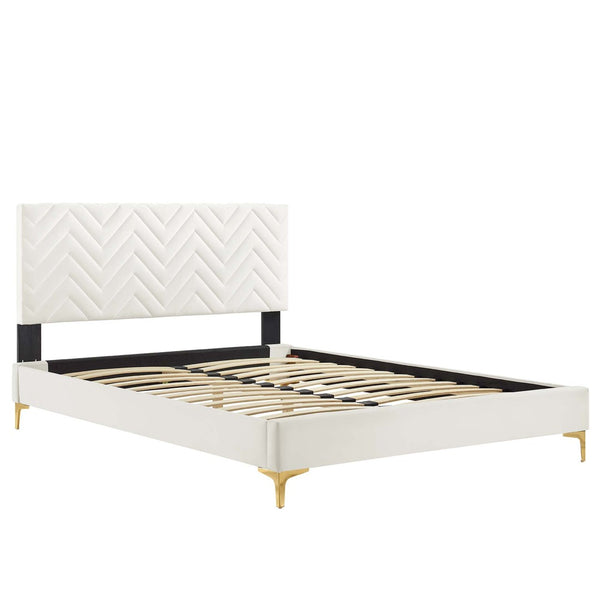 Modway Furniture Leah Chevron Tufted Performance Velvet Full Platform Bed - Modern Glam with Sturdy Support & Style MOD-6993-WHI