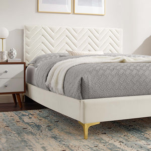 Modway Furniture Leah Chevron Tufted Performance Velvet Full Platform Bed - Modern Glam with Sturdy Support & Style MOD-6993-WHI