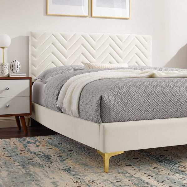 Modway Furniture Leah Chevron Tufted Performance Velvet Full Platform Bed - Modern Glam with Sturdy Support & Style MOD-6993-WHI