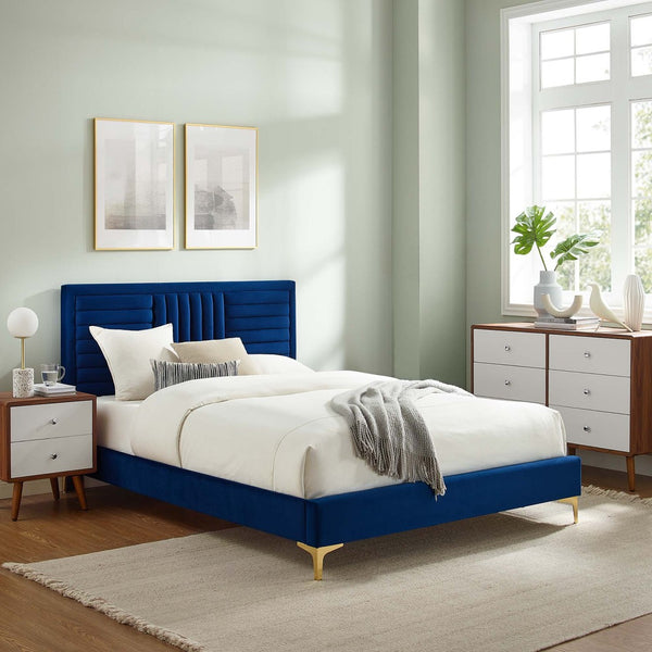 Modway Furniture Sofia Channel Tufted Full Platform Bed in Performance Velvet - Glamorous, Modern Design for Any Room Navy MOD-6995-NAV