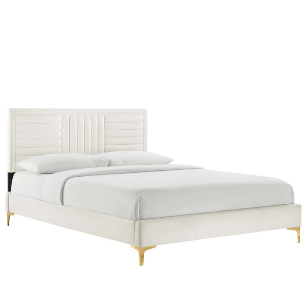 Modway Furniture Sofia Channel Tufted Full Platform Bed in Performance Velvet - Glamorous, Modern Design for Any Room White MOD-6995-WHI