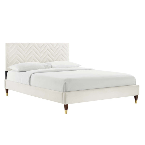 Modway Furniture Leah Chevron Tufted Velvet Full Platform Bed - Modern Glam Design, Stain-Resistant Upholstery & Support MOD-6997-WHI