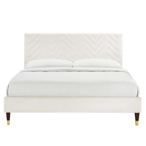 Modway Furniture Leah Chevron Tufted Velvet Full Platform Bed - Modern Glam Design, Stain-Resistant Upholstery & Support MOD-6997-WHI