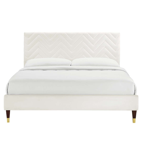 Modway Furniture Leah Chevron Tufted Velvet Full Platform Bed - Modern Glam Design, Stain-Resistant Upholstery & Support MOD-6997-WHI