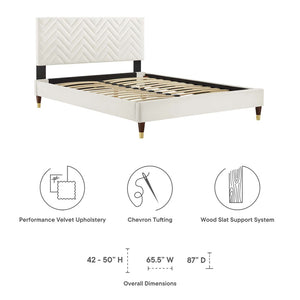 Modway Furniture Leah Chevron Tufted Velvet Full Platform Bed - Modern Glam Design, Stain-Resistant Upholstery & Support MOD-6997-WHI