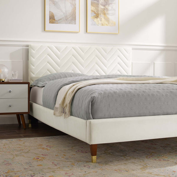 Modway Furniture Leah Chevron Tufted Velvet Full Platform Bed - Modern Glam Design, Stain-Resistant Upholstery & Support MOD-6997-WHI