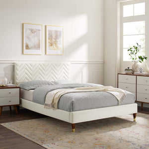 Modway Furniture Leah Chevron Tufted Velvet Full Platform Bed - Modern Glam Design, Stain-Resistant Upholstery & Support MOD-6997-WHI