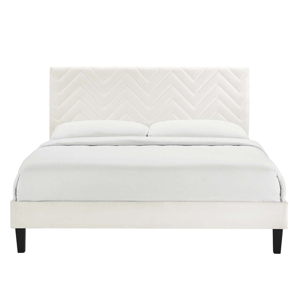 Modway Furniture Leah Chevron Tufted Velvet Full Platform Bed - Modern Glam with Sturdy Support & Easy Assembly MOD-7001-WHI