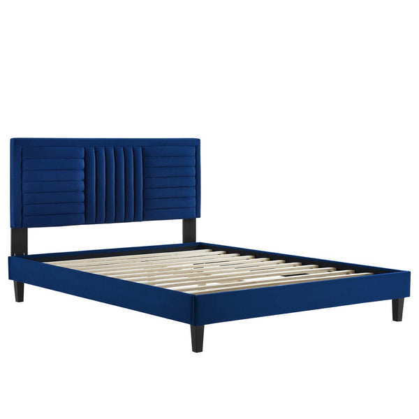 Modway Furniture Sofia Channel Tufted Performance Velvet Full Platform Bed - Stylish Design with Sturdy Support System Navy MOD-7003-NAV