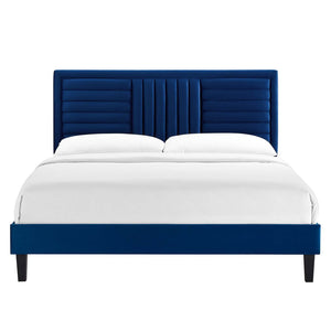 Modway Furniture Sofia Channel Tufted Performance Velvet Full Platform Bed - Stylish Design with Sturdy Support System Navy MOD-7003-NAV
