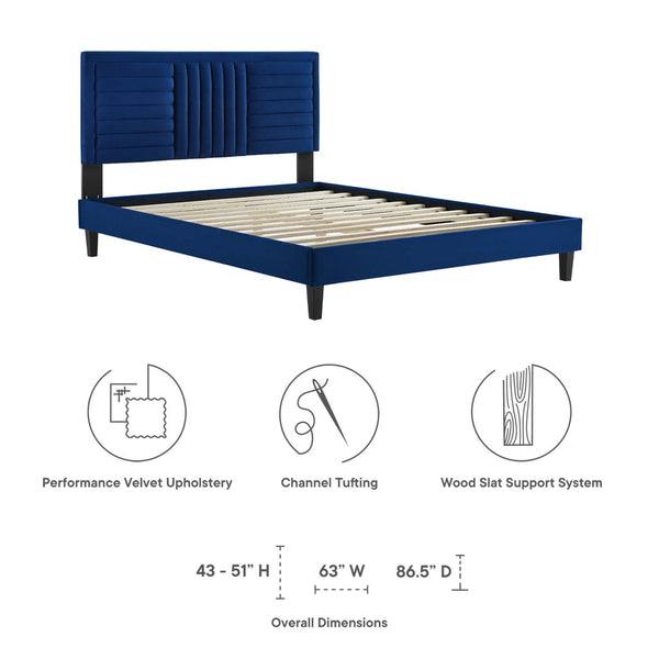 Modway Furniture Sofia Channel Tufted Performance Velvet Full Platform Bed - Stylish Design with Sturdy Support System Navy MOD-7003-NAV