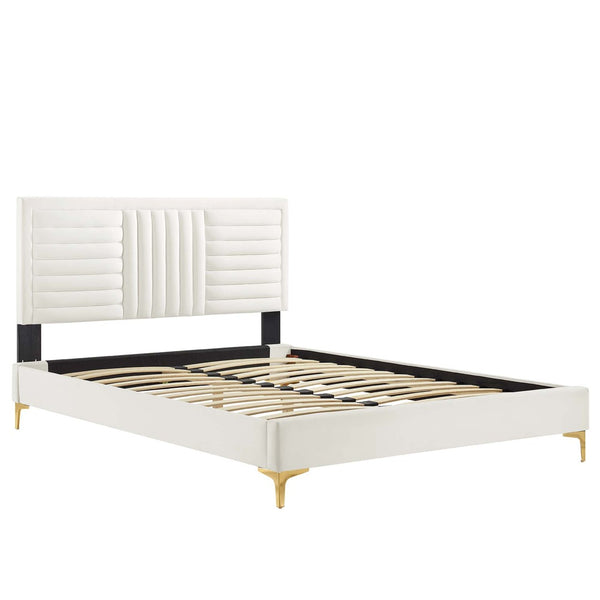 Modway Furniture Sofia Channel Tufted King Platform Bed - Elegant Velvet Upholstery, Sturdy Support & Glam Design MOD-7007-WHI