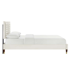 Modway Furniture Sofia Channel Tufted Velvet King Platform Bed - Glam Deco Design with Gold Accents & Easy Care MOD-7011-WHI