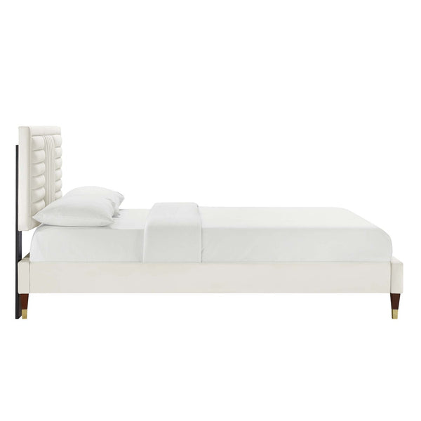 Modway Furniture Sofia Channel Tufted Velvet King Platform Bed - Glam Deco Design with Gold Accents & Easy Care MOD-7011-WHI
