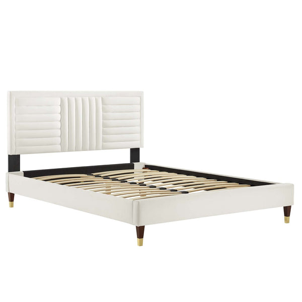 Modway Furniture Sofia Channel Tufted Velvet King Platform Bed - Glam Deco Design with Gold Accents & Easy Care MOD-7011-WHI