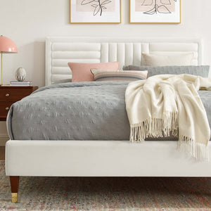 Modway Furniture Sofia Channel Tufted Velvet King Platform Bed - Glam Deco Design with Gold Accents & Easy Care MOD-7011-WHI