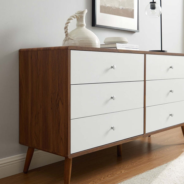 Modway Furniture Transmit 60" Dresser - Mid-Century Modern Walnut Finish with Chrome Pulls & Ample Storage Drawers MOD-7022-WAL-WHI