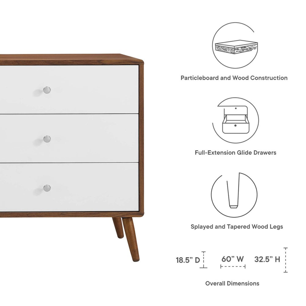 Modway Furniture Transmit 60" Dresser - Mid-Century Modern Walnut Finish with Chrome Pulls & Ample Storage Drawers MOD-7022-WAL-WHI