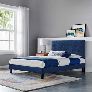 Modway Furniture Roxanne Chevron Tufted Performance Velvet Full Platform Bed - Glam Deco Style for Modern Bedrooms Navy MOD-7038-NAV